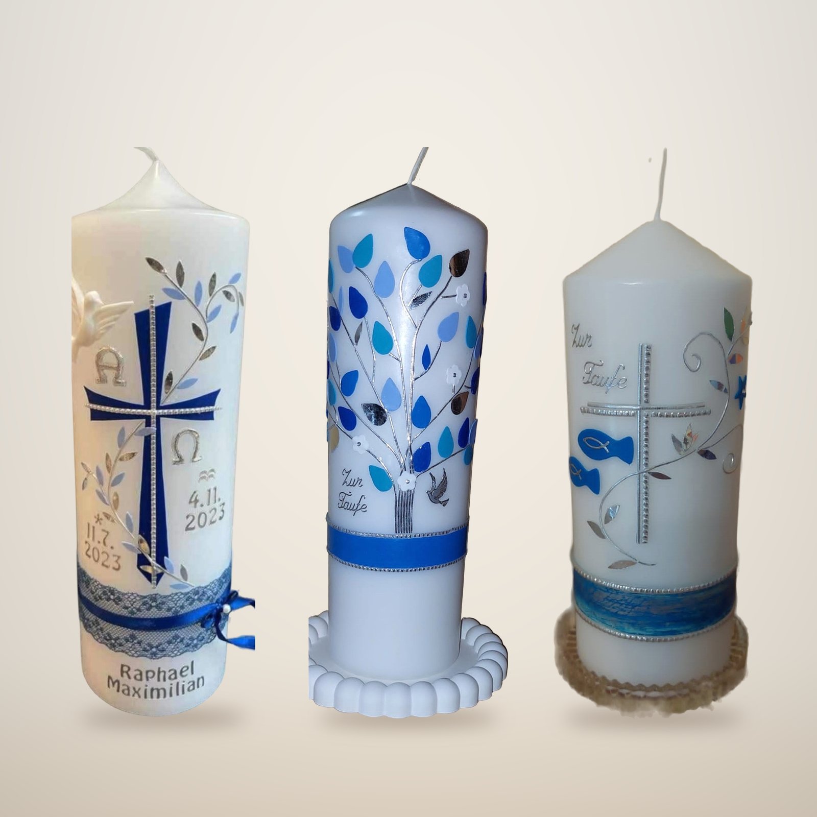 Drei persönlich gestaltete Taufkerzen in Blau mit Kreuz und Lebensbaum